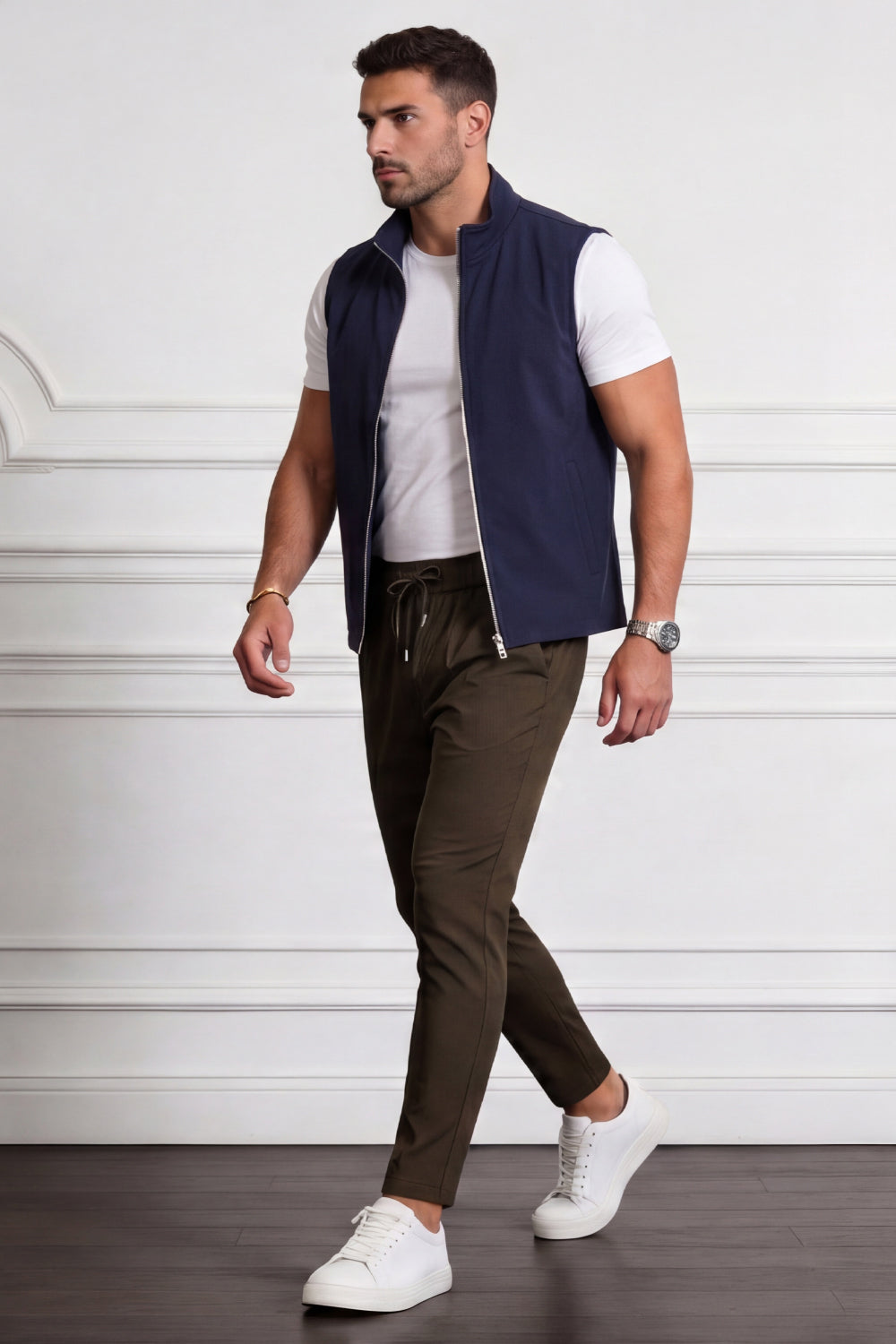 Men's Casual Stand Collar Zip-Up Vest - Navy Blue