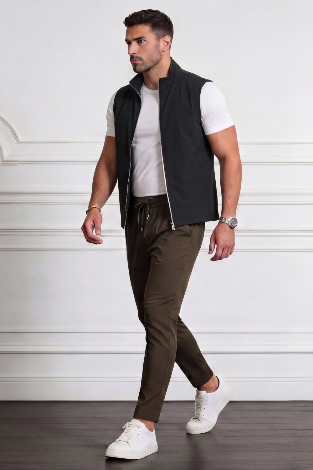 Men's Casual Stand Collar Zip-Up Vest - Black