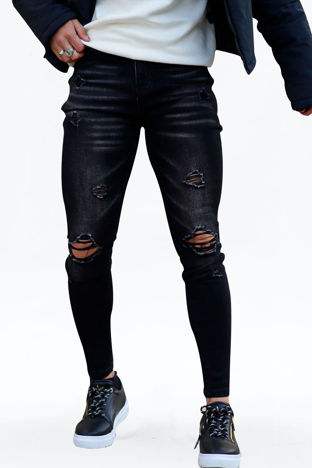 Gingtto Sleek Black  Ripped Denim Comfortable Jeans for Men