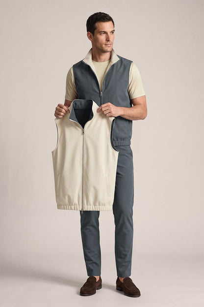 Men's 3-Piece Casual Set with Reversible Vest - Charcoal Gray