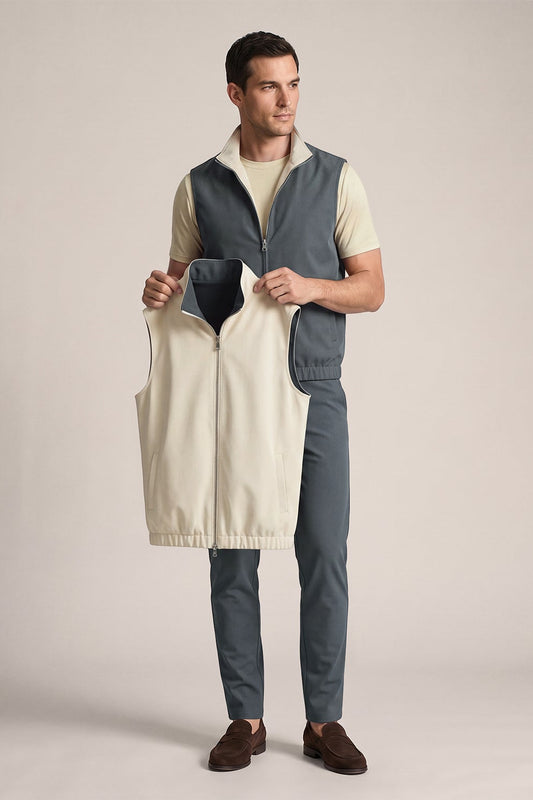Men's 3-Piece Casual Set with Reversible Vest - Charcoal Gray