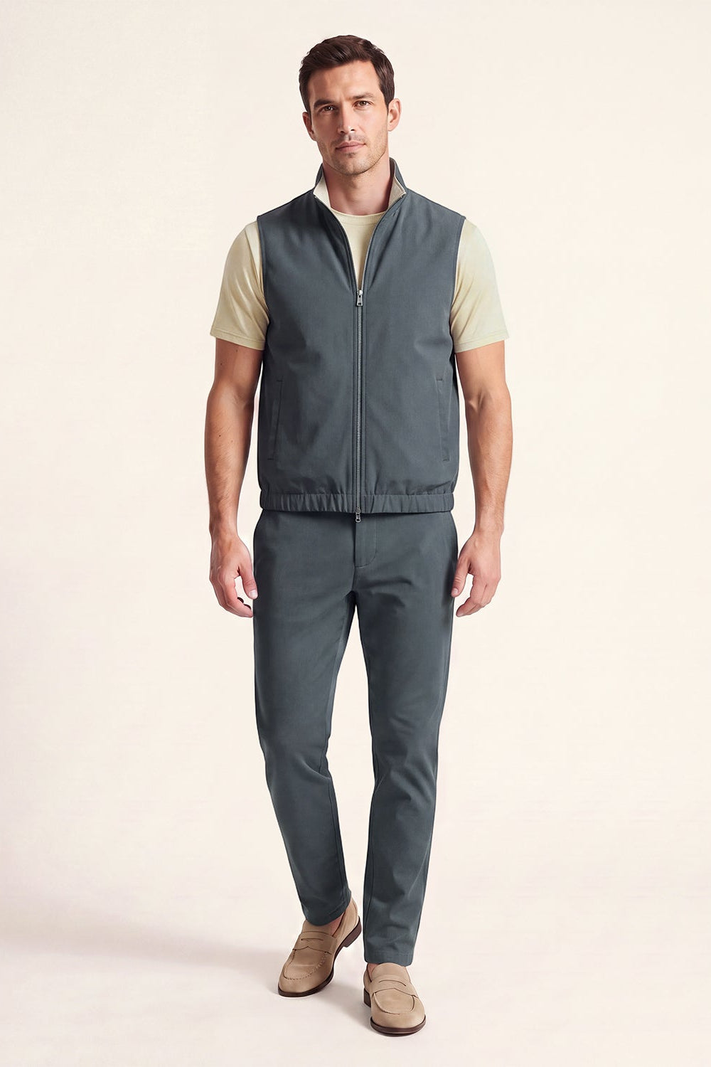 Men's 3-Piece Casual Set with Reversible Vest - Charcoal Gray