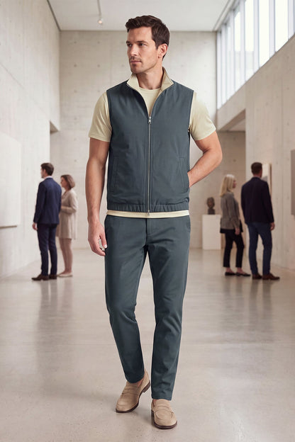Men's 3-Piece Casual Set with Reversible Vest - Charcoal Gray