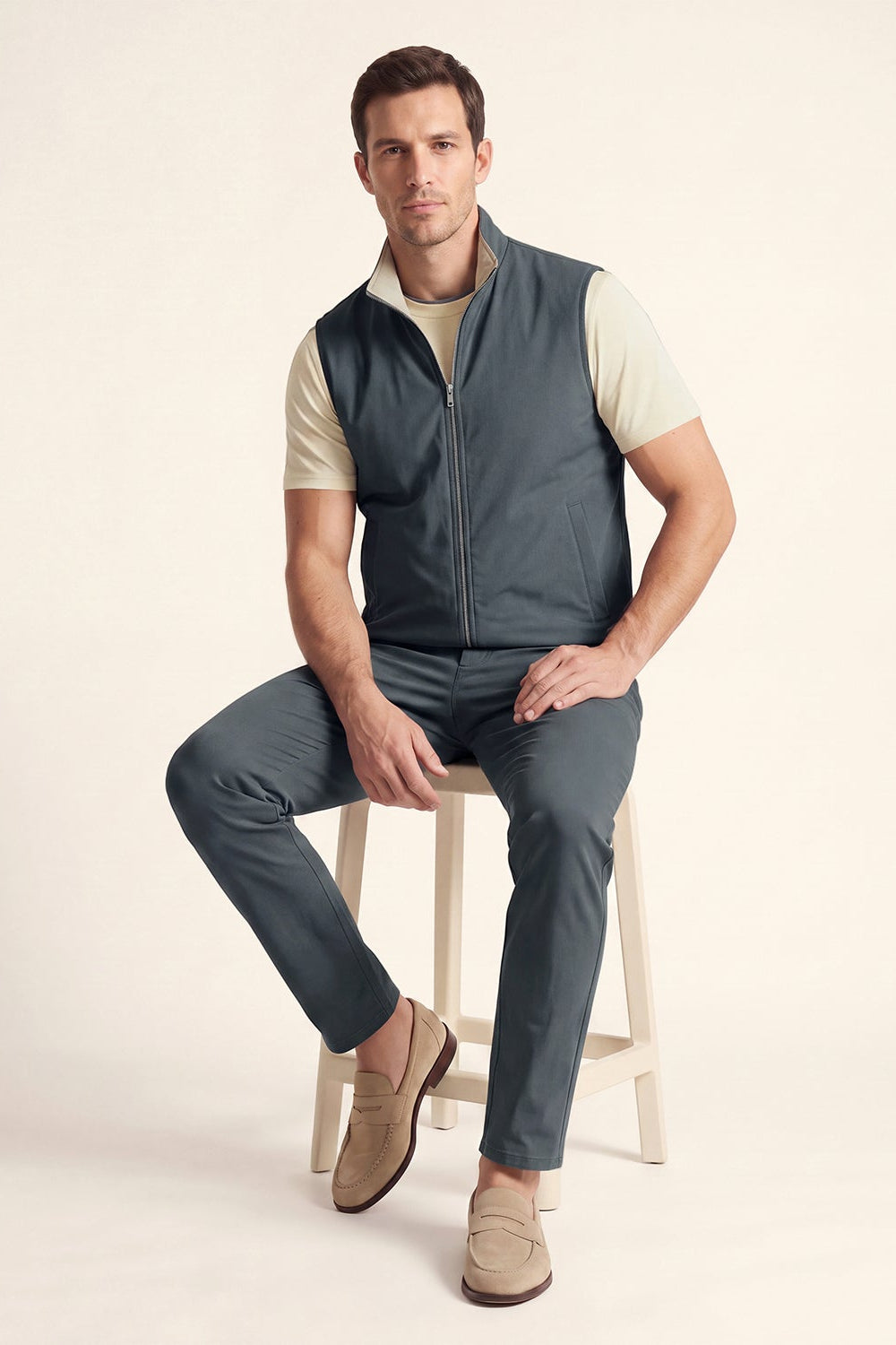 Men's 3-Piece Casual Set with Reversible Vest - Charcoal Gray