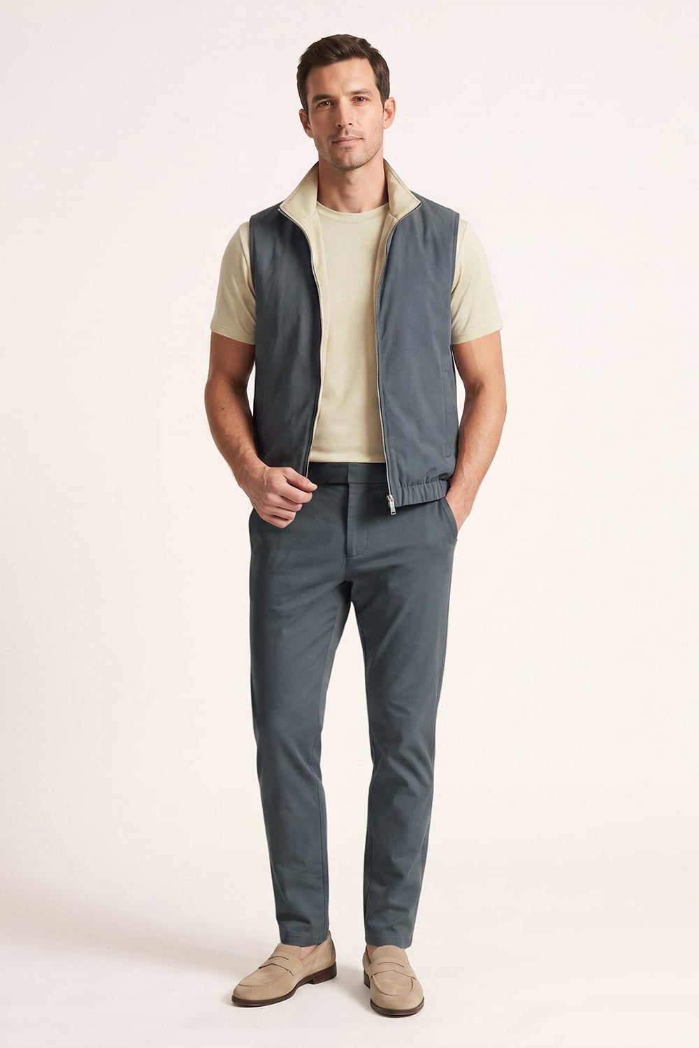 Men's 3-Piece Casual Set with Reversible Vest - Charcoal Gray