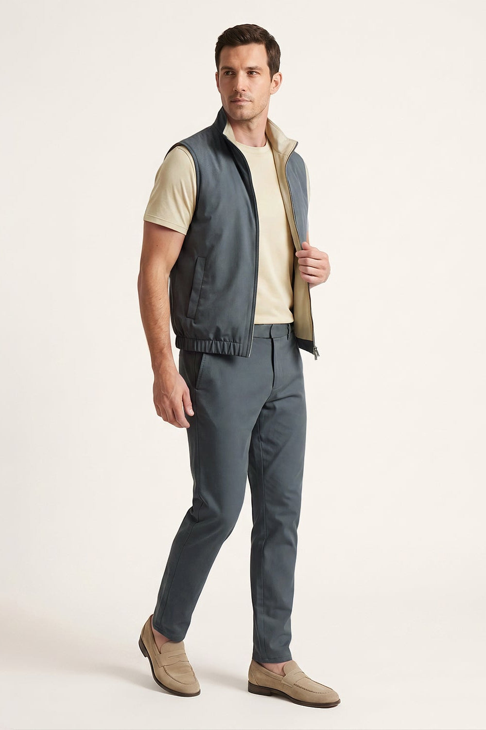 Men's 3-Piece Casual Set with Reversible Vest - Charcoal Gray