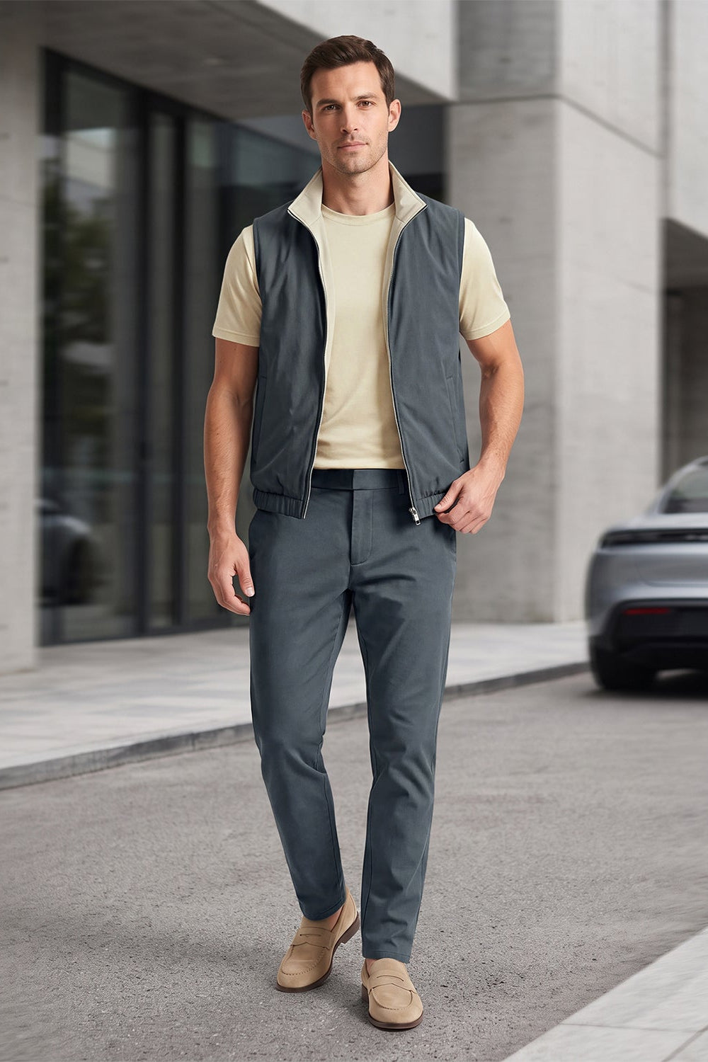 Men's 3-Piece Casual Set with Reversible Vest - Charcoal Gray