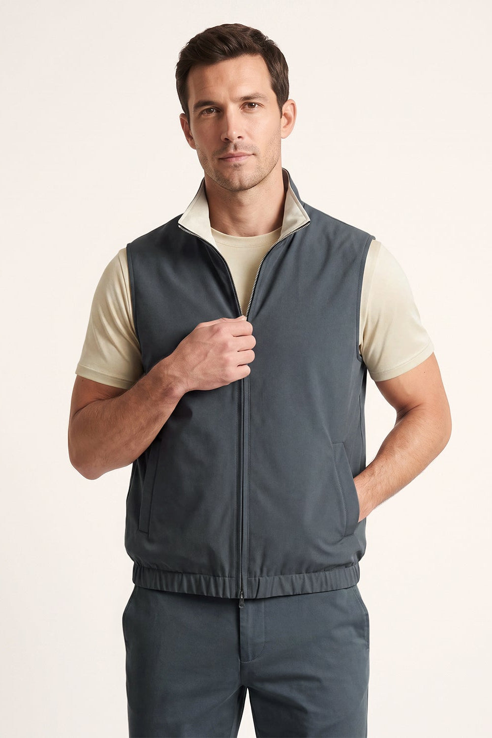 Men's 3-Piece Casual Set with Reversible Vest - Charcoal Gray