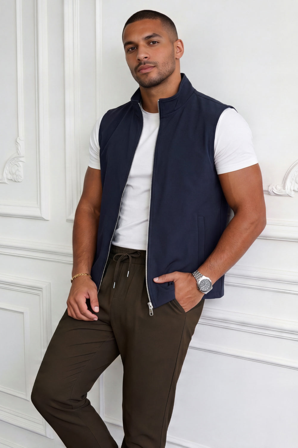 Men's Casual Stand Collar Zip-Up Vest - Navy Blue
