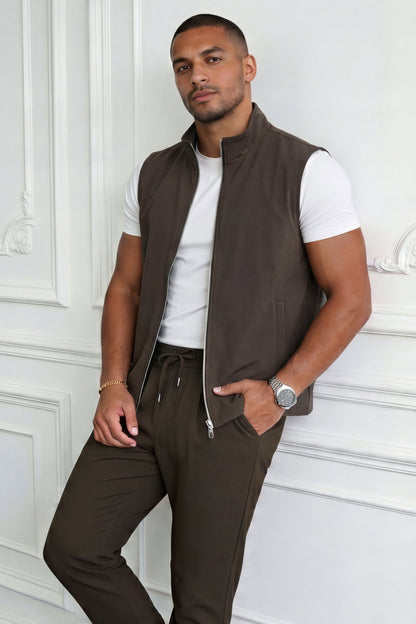 Men's Casual Stand Collar Zip-Up Vest - Brown
