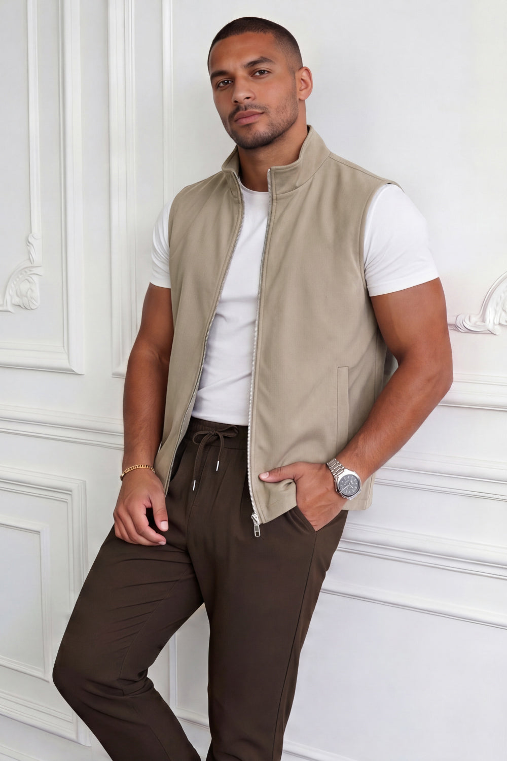 Men's Casual Stand Collar Zip-Up Vest - Light Khaki