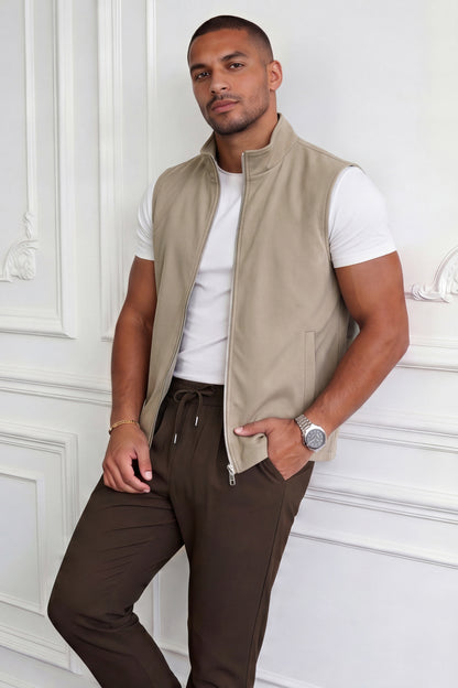 Men's Casual Stand Collar Zip-Up Vest - Light Khaki