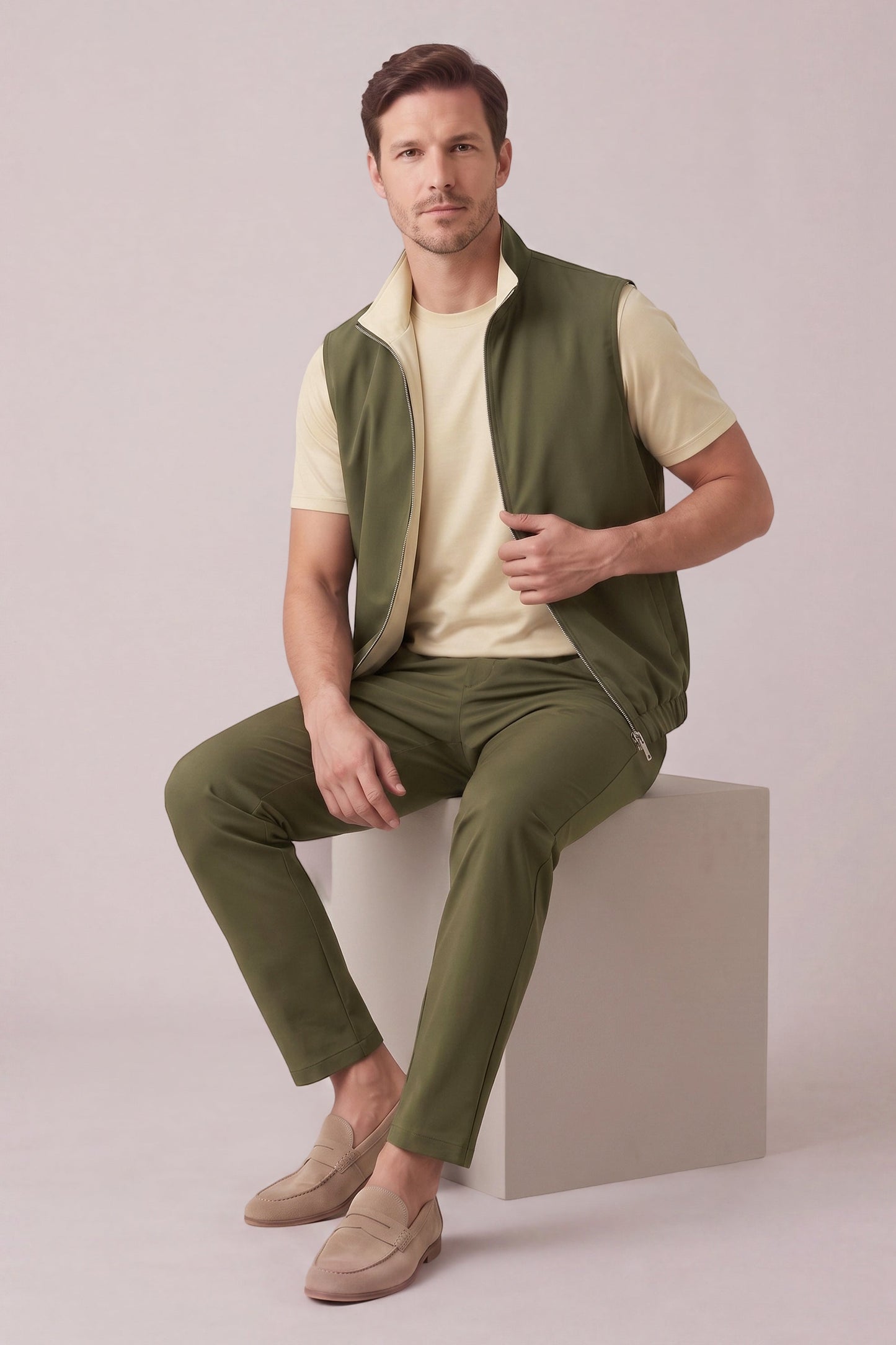 Men's 3-Piece Casual Set with Reversible Vest - Green