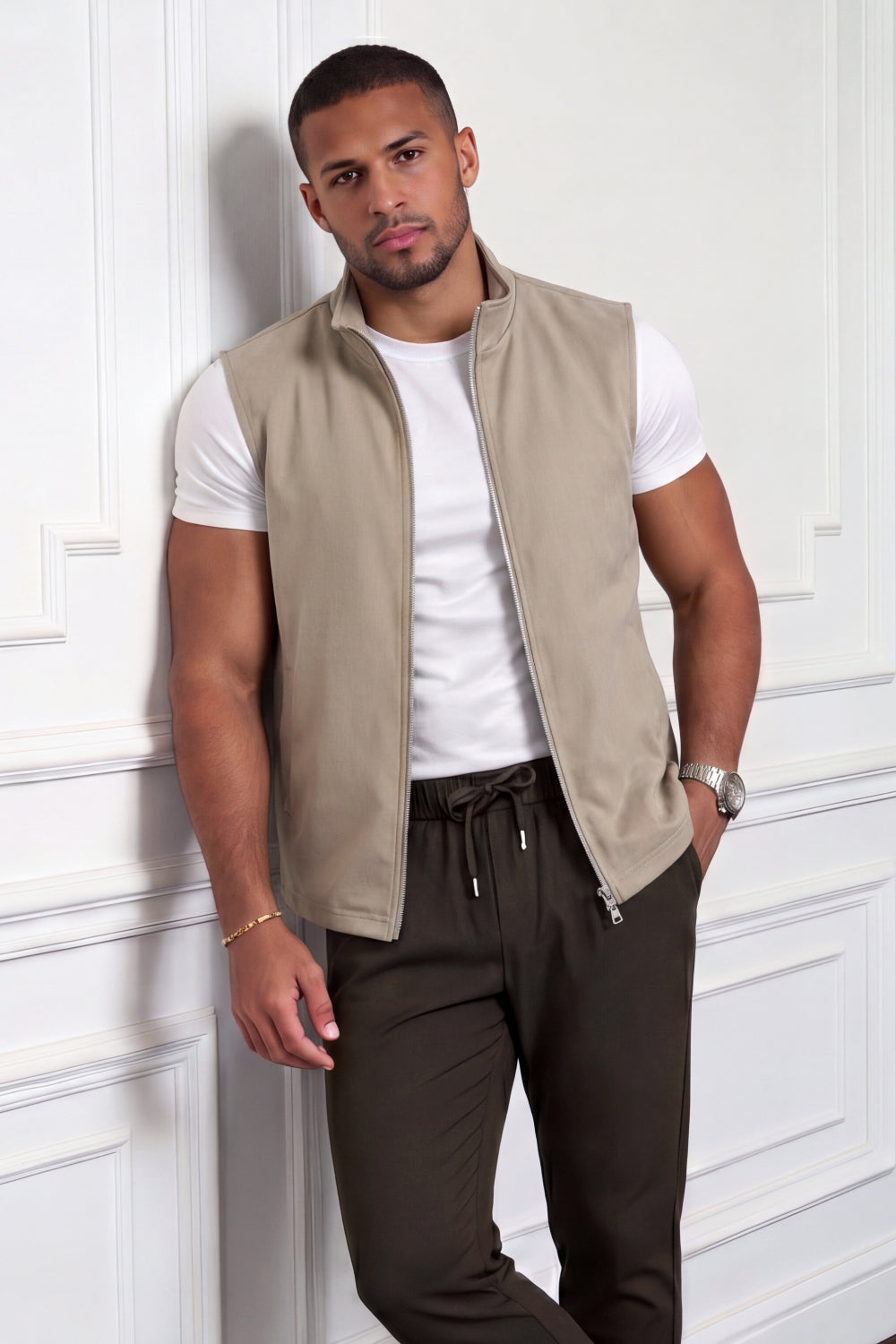 Men's Casual Stand Collar Zip-Up Vest - Light Khaki