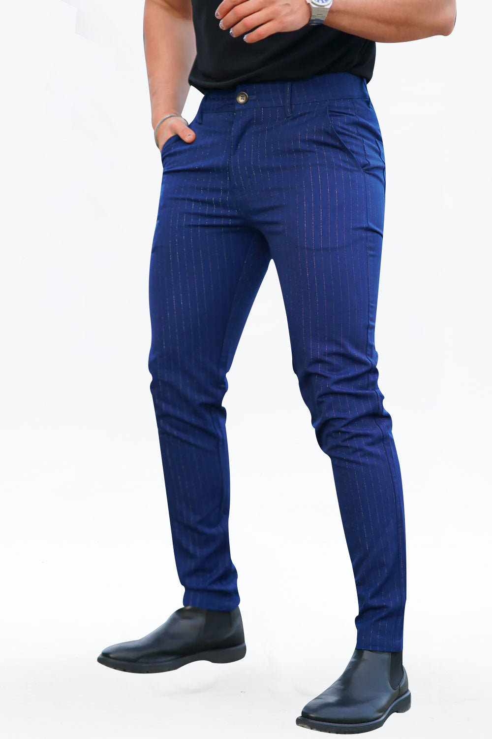 Gingtto Navy Blue Vertical Stripes Fashion Chinos With Good Stretch