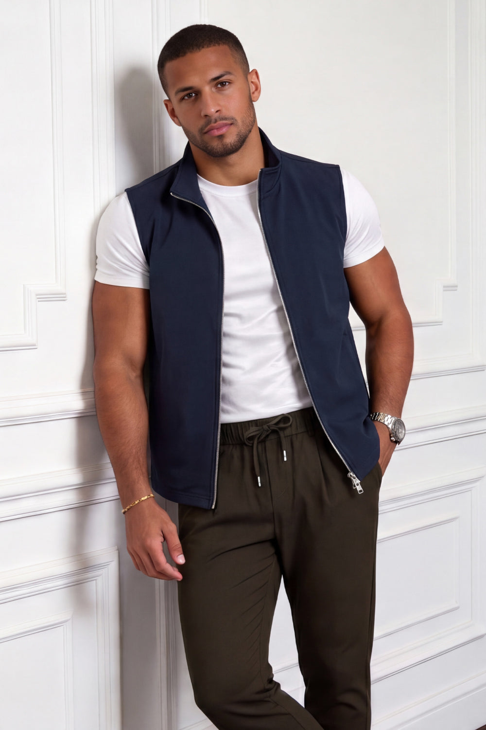 Men's Casual Stand Collar Zip-Up Vest - Navy Blue
