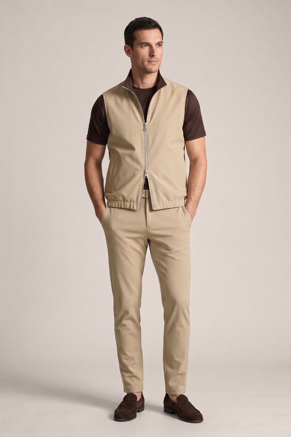 Men's 3-Piece Casual Set with Reversible Vest - Brown