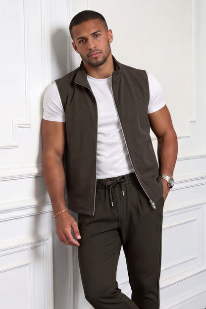 Men's Casual Stand Collar Zip-Up Vest - Brown