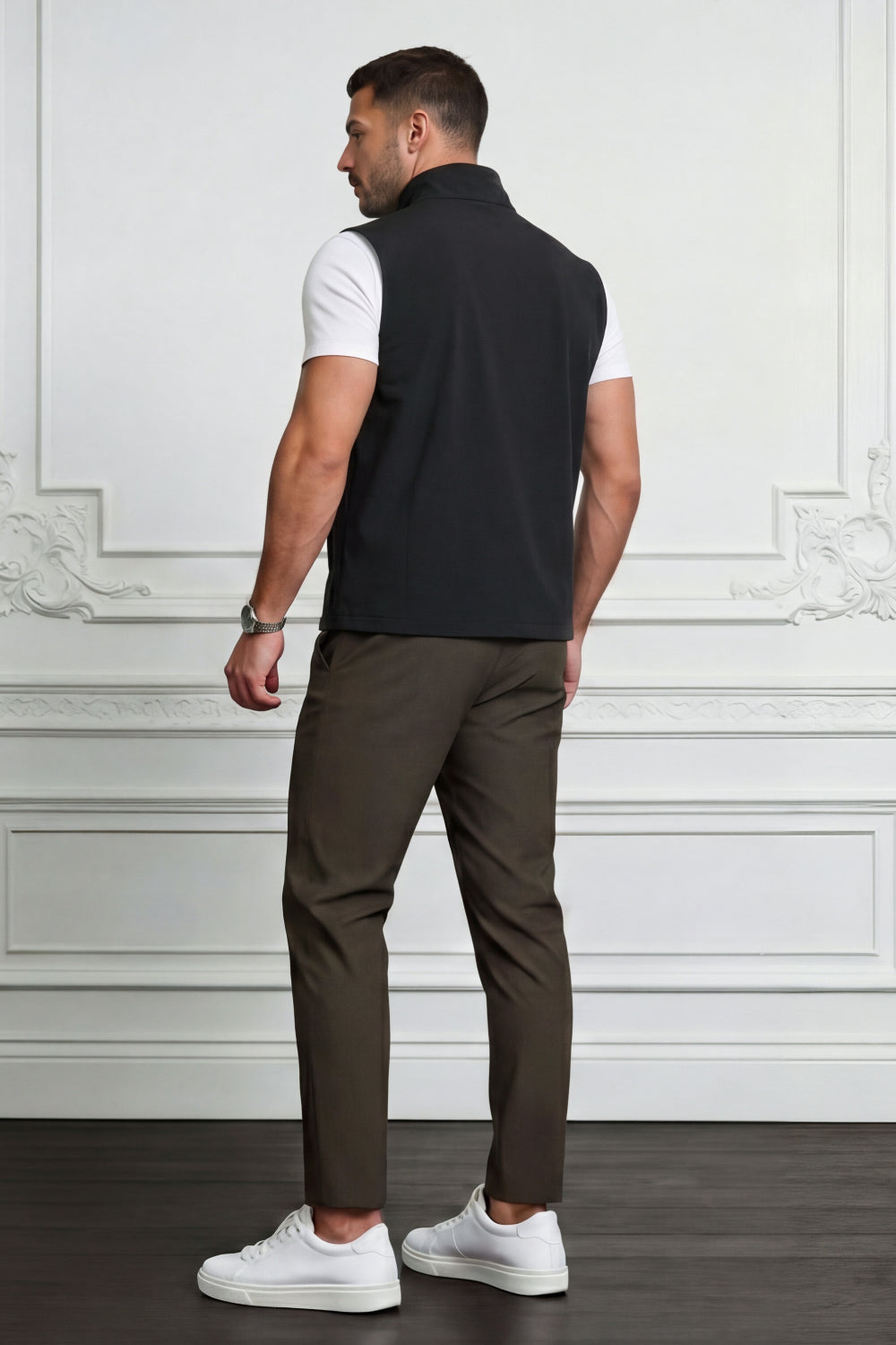 Men's Casual Stand Collar Zip-Up Vest - Black