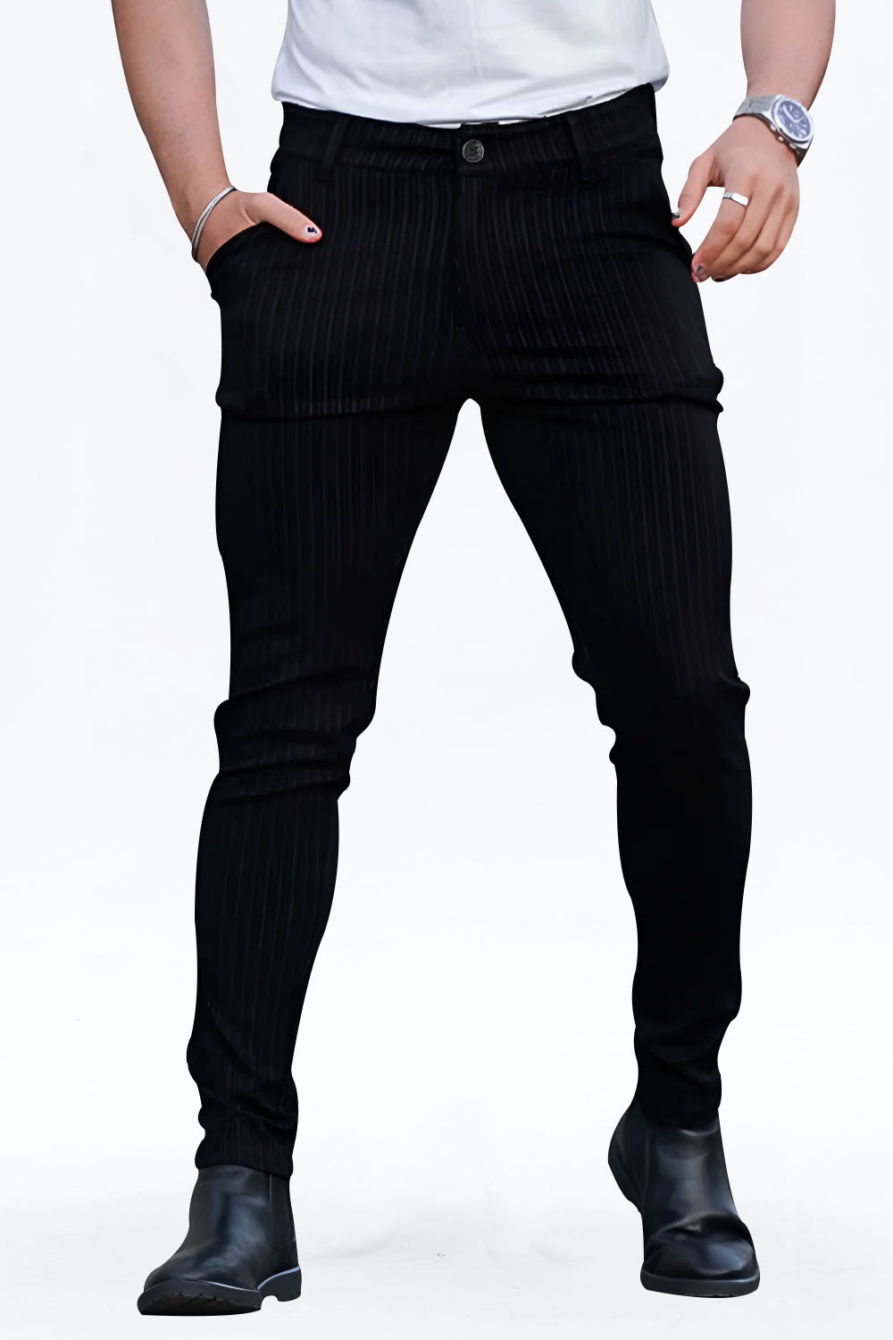 Gingtto Black Vertical Stripes Stretchy Fashion Casual Chinos For Men