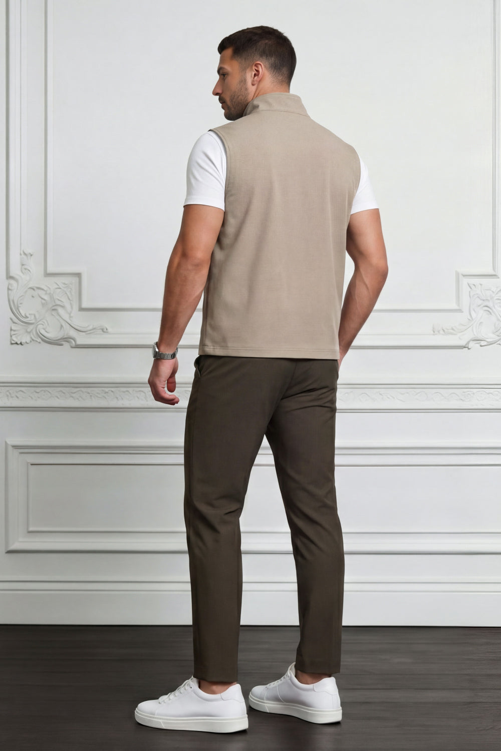 Men's Casual Stand Collar Zip-Up Vest - Light Khaki