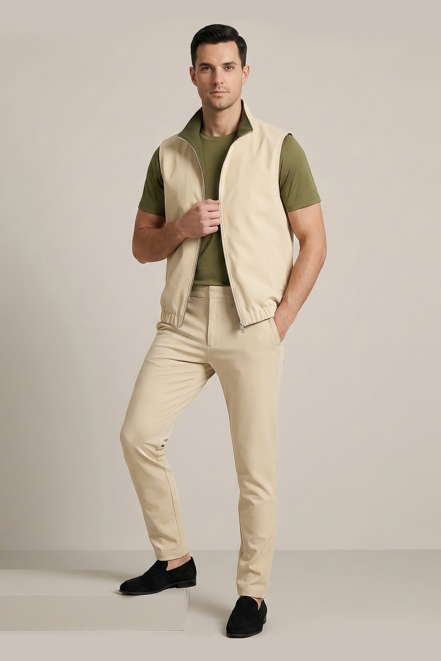 Men's 3-Piece Casual Set with Reversible Vest - Green