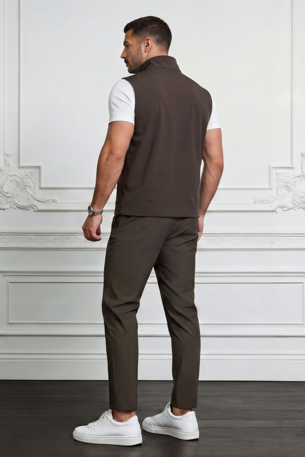 Men's Casual Stand Collar Zip-Up Vest - Brown