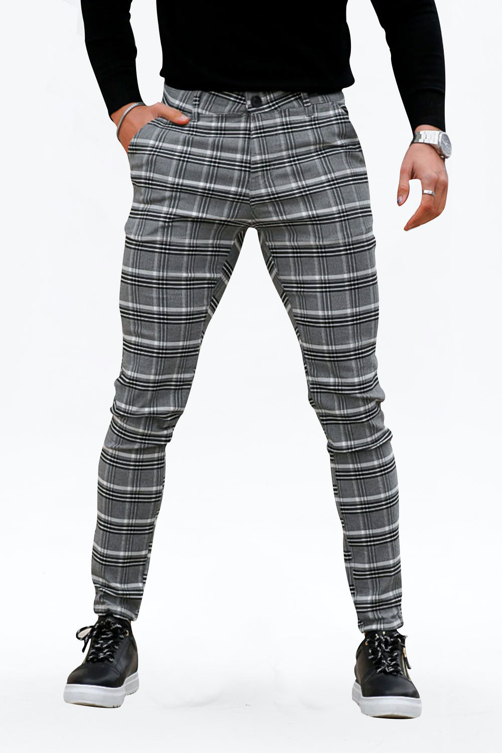 Gingtto Mens Stretch Plaid Dark Grey Chinos Pants For Every Occasion