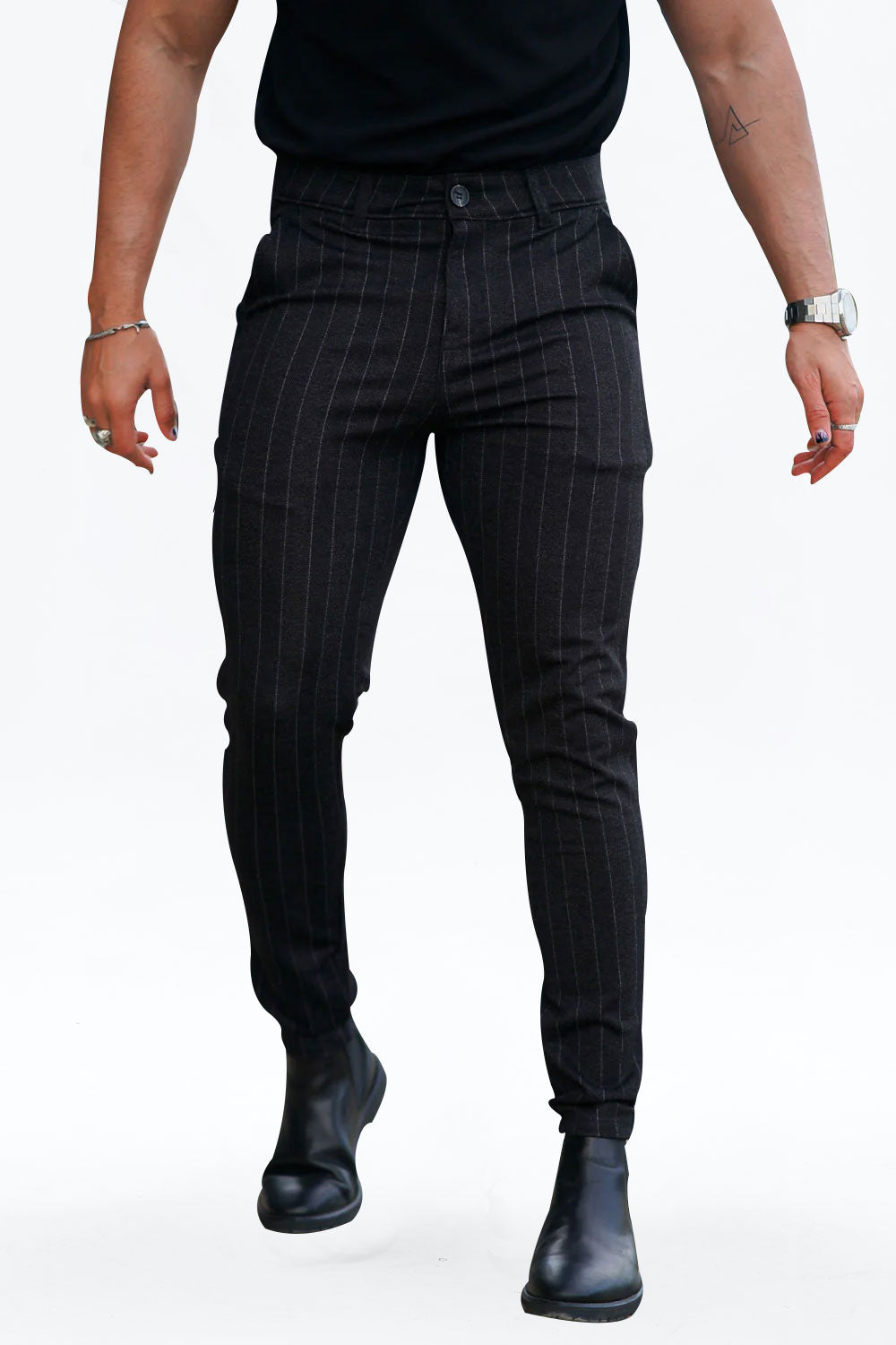 Gingtto Black Vertical Stripes Stylish Casual Chinos With Good Stretch