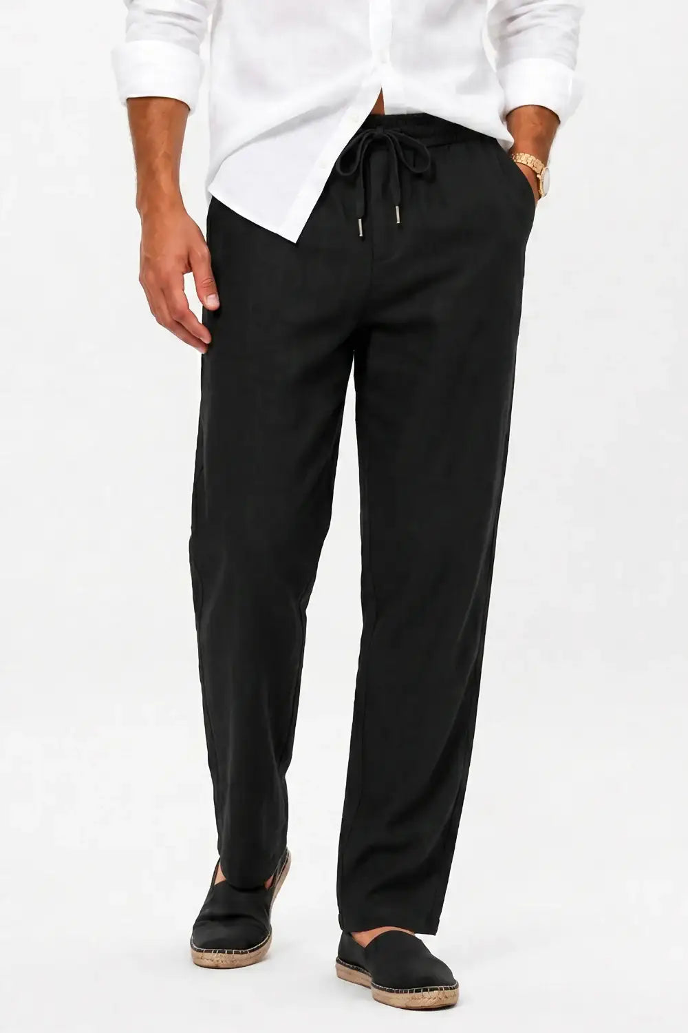 Men's Drawstring Casual Linen Pant - Black
