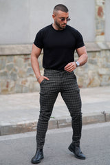 Gingtto Mens Black Chinos Contemporary Glen Plaid Trousers