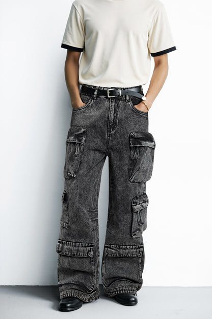 Men's Loose Jean With Pocket - Washed Black