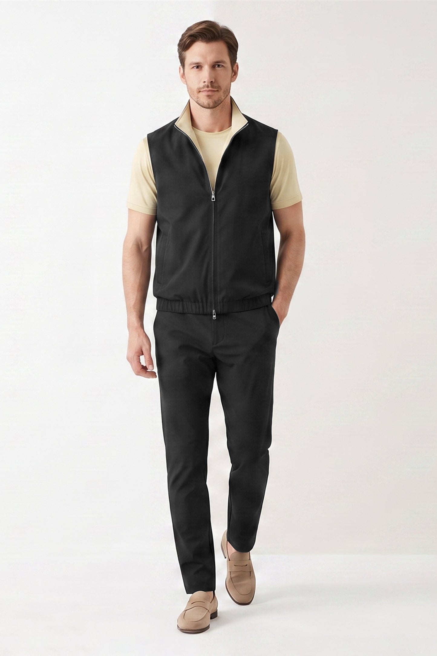 Men's 3-Piece Casual Set with Reversible Vest - Black