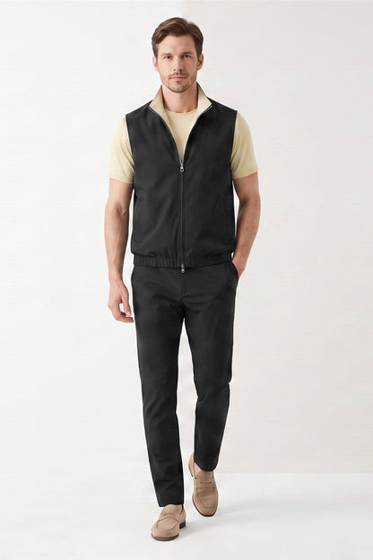 Men's 3-Piece Casual Set with Reversible Vest - Black