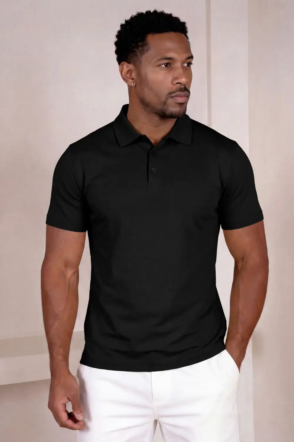 Polo de manga corta de algodón mercerizado para hombre - Negro