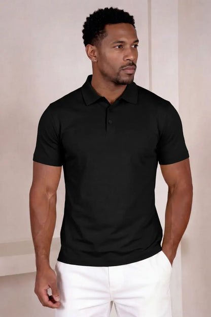 Polo de manga corta de algodón mercerizado para hombre - Negro
