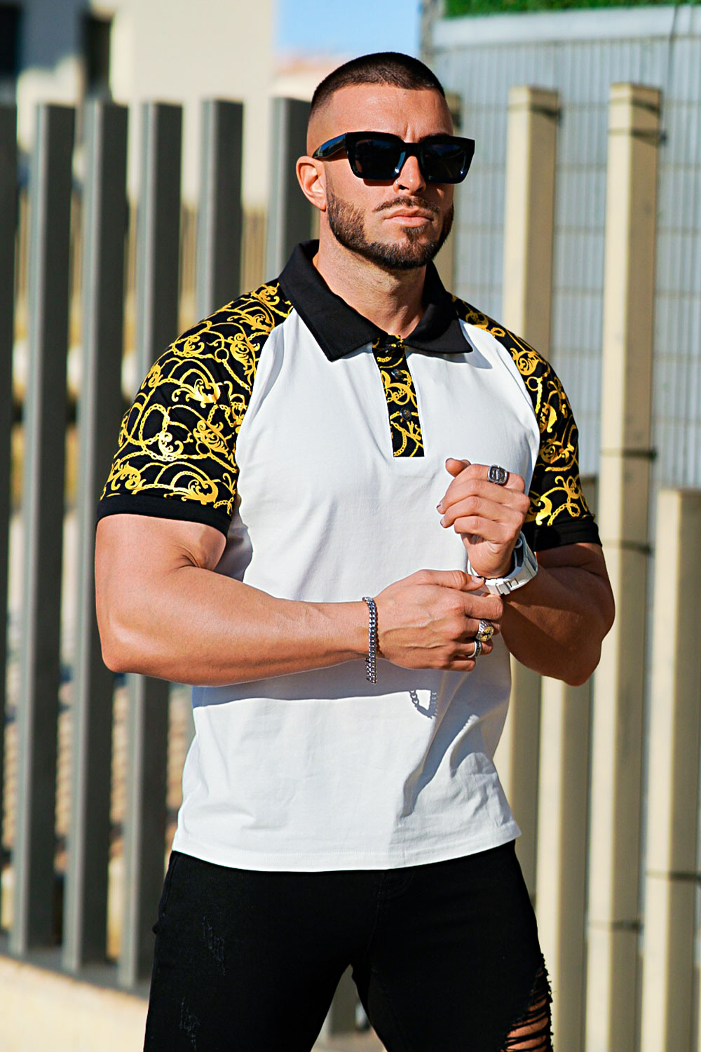 short sleeve Polo shirt with a gold pattern