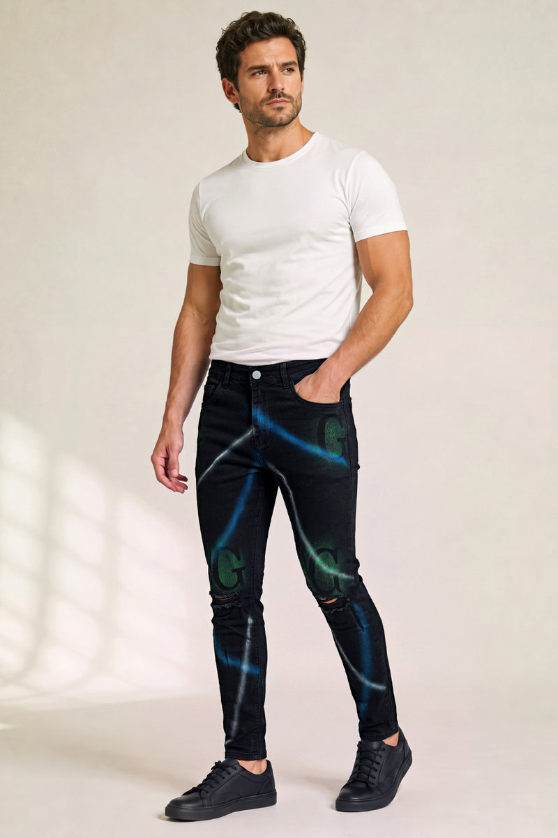 Men Spray Painting Skinny Jean - Black