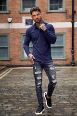 GINGTTO Fashion Mens  Ripped Navy Blue Slim-Fit Jeans