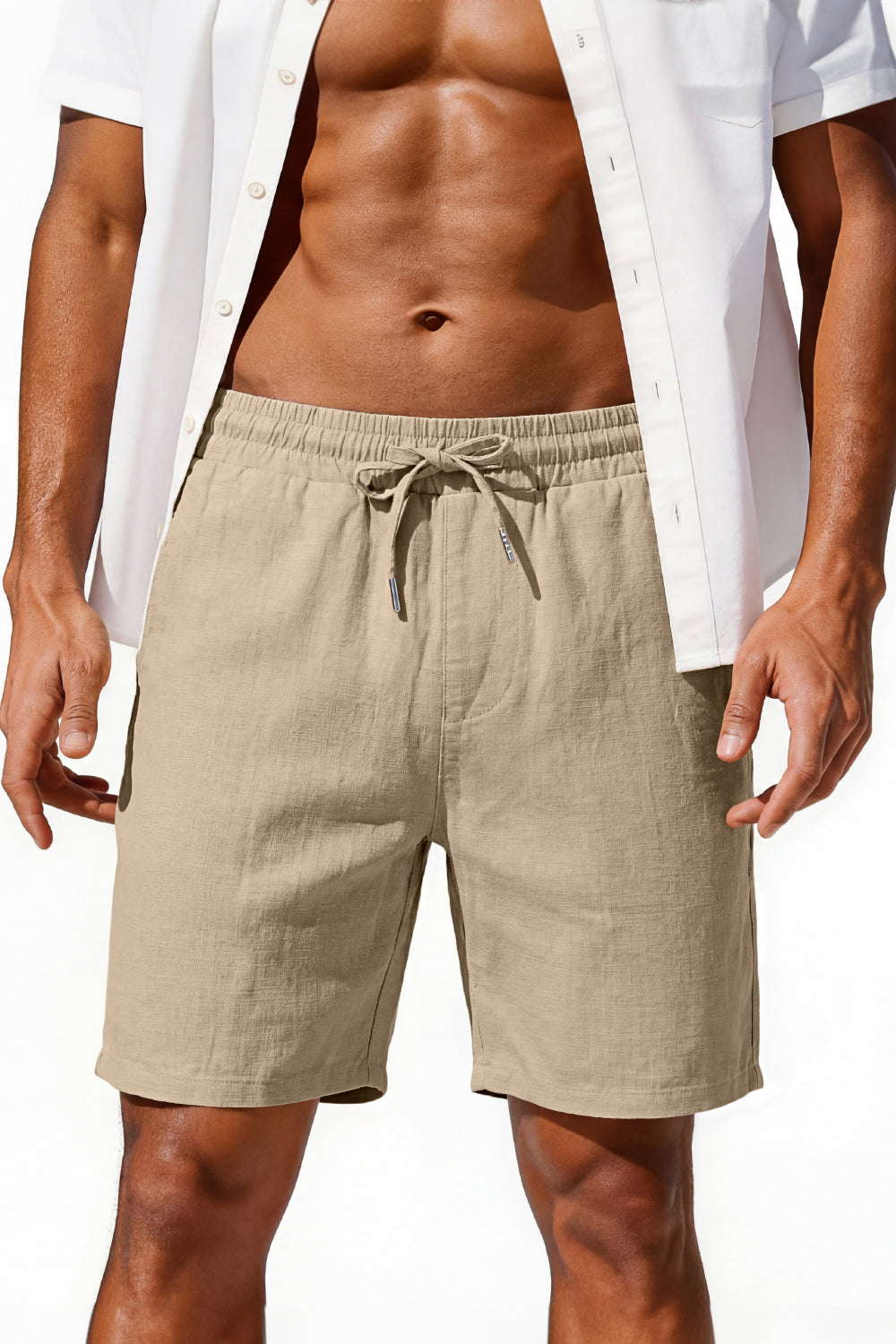 Men's Drawstring Casual Linen Shorts - Khaki