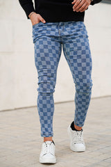 gingtto fashion skinny jeans for men - blue & checkerboard