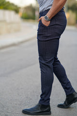 Gingtto Stylish Comfortable Dark Blue Chinos With Vertical Stripes