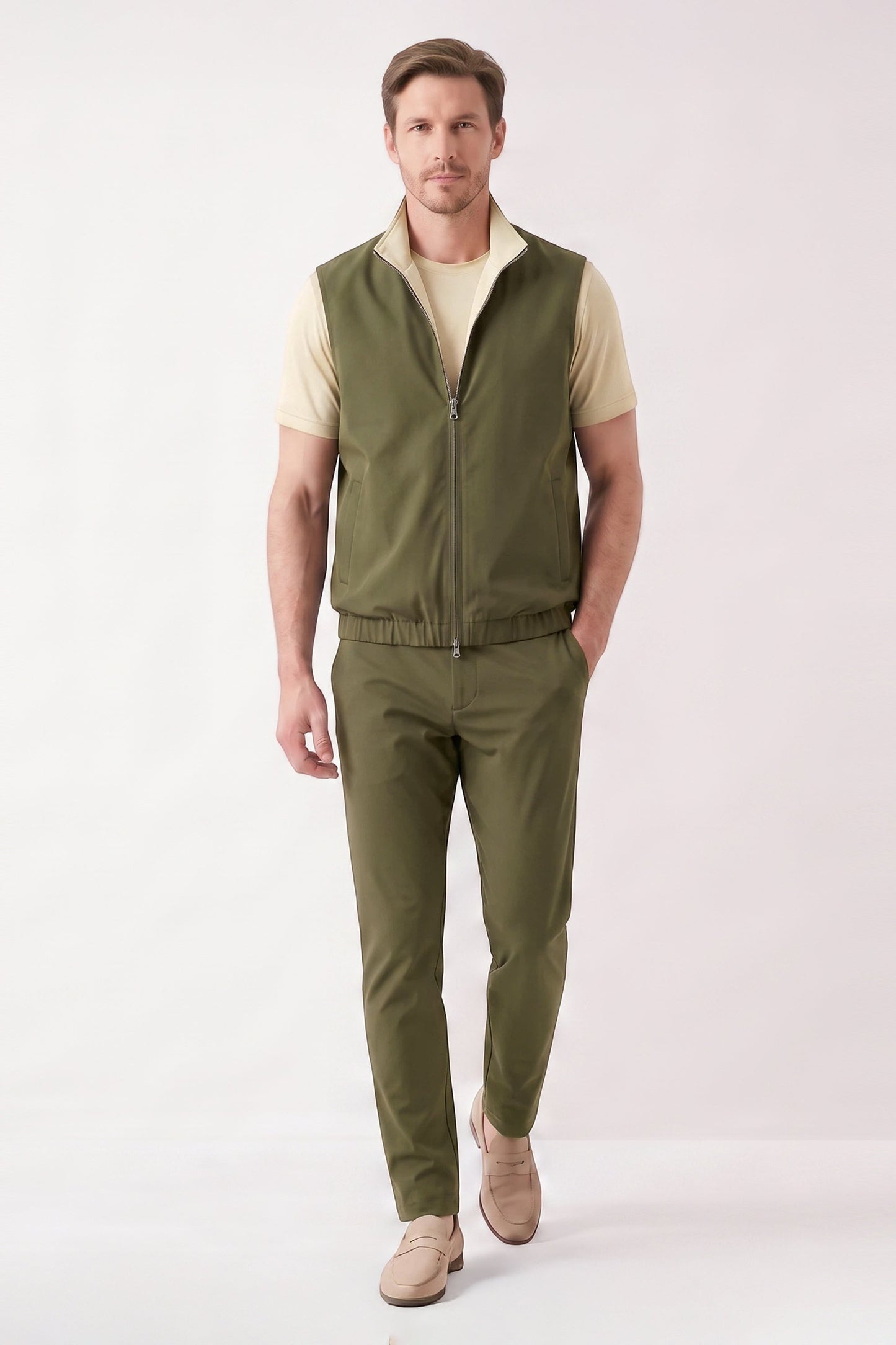 Men's 3-Piece Casual Set with Reversible Vest - Green