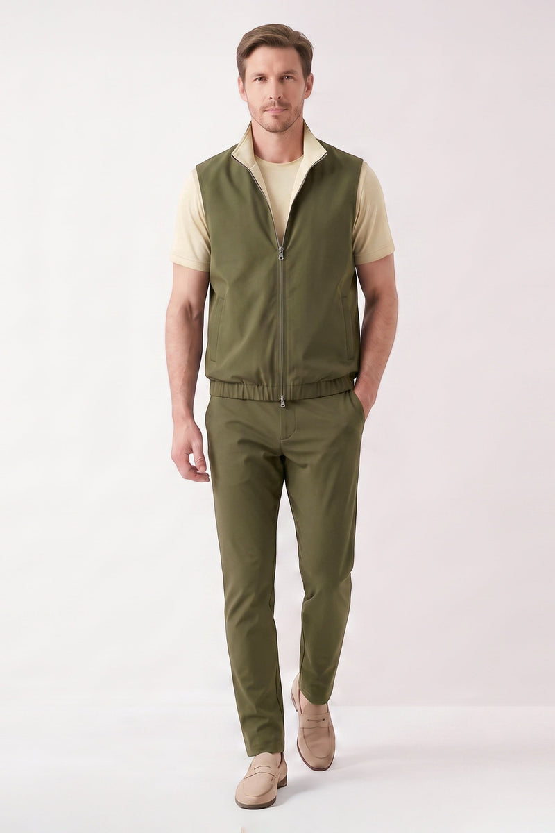 Men's 3-Piece Casual Set with Reversible Vest - Green