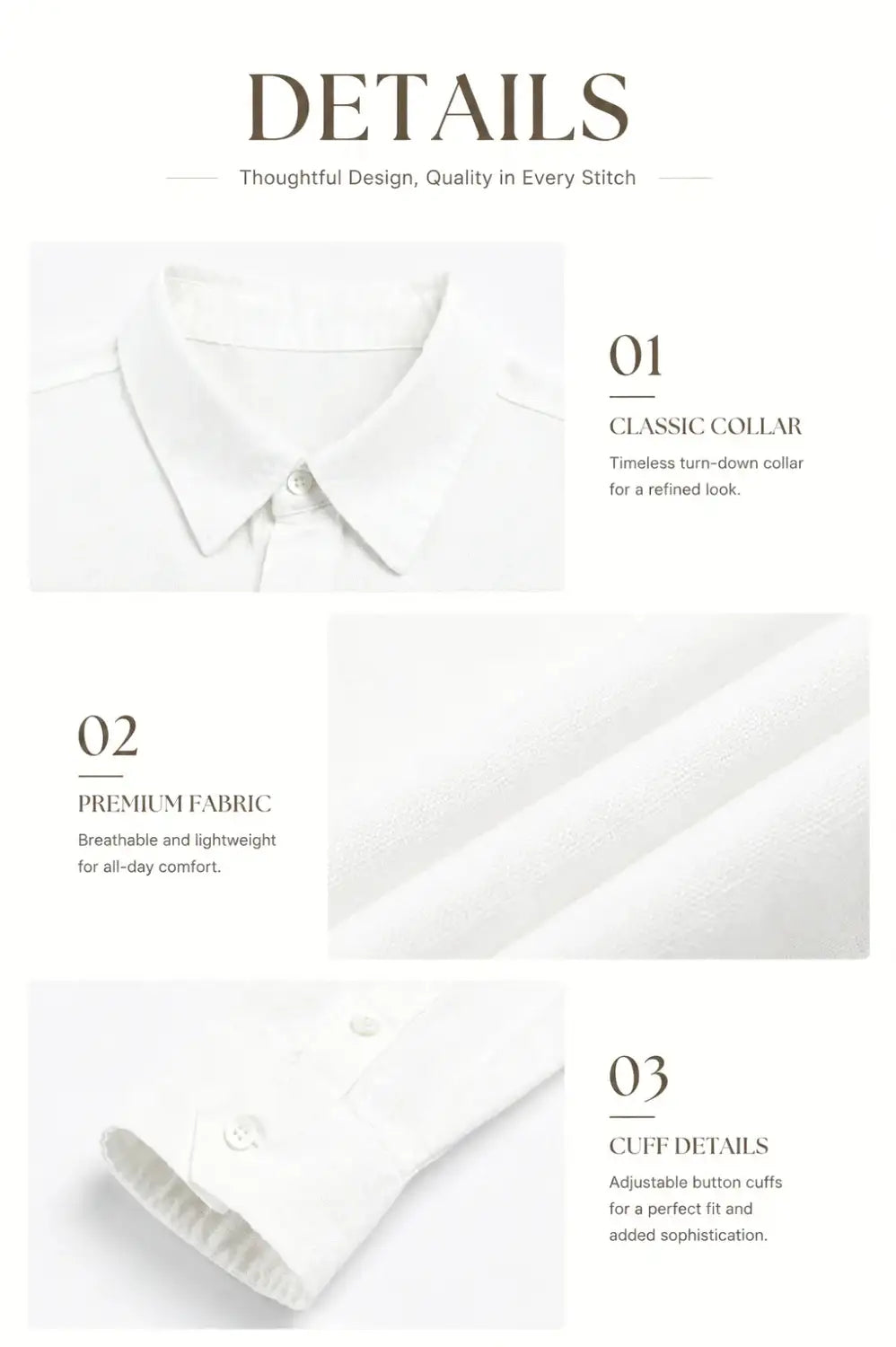 White button-down shirt with classic collar, premium breathable fabric, and adjustable button cuffs for comfort and style.