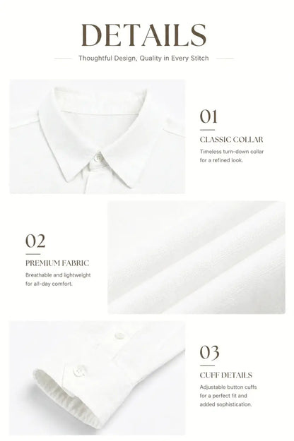 White button-down shirt with classic collar, premium breathable fabric, and adjustable button cuffs for comfort and style.
