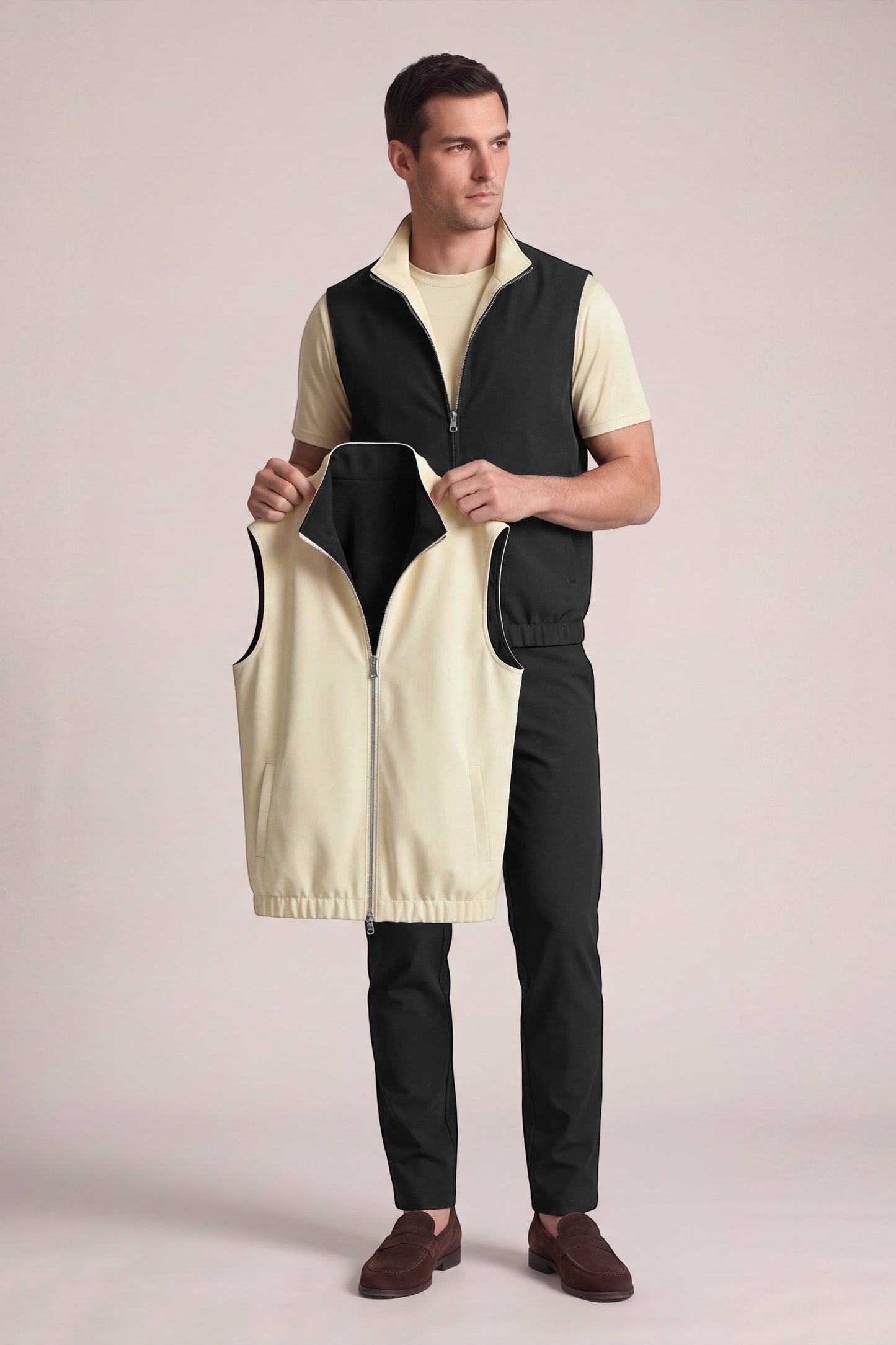Men's 3-Piece Casual Set with Reversible Vest - Black