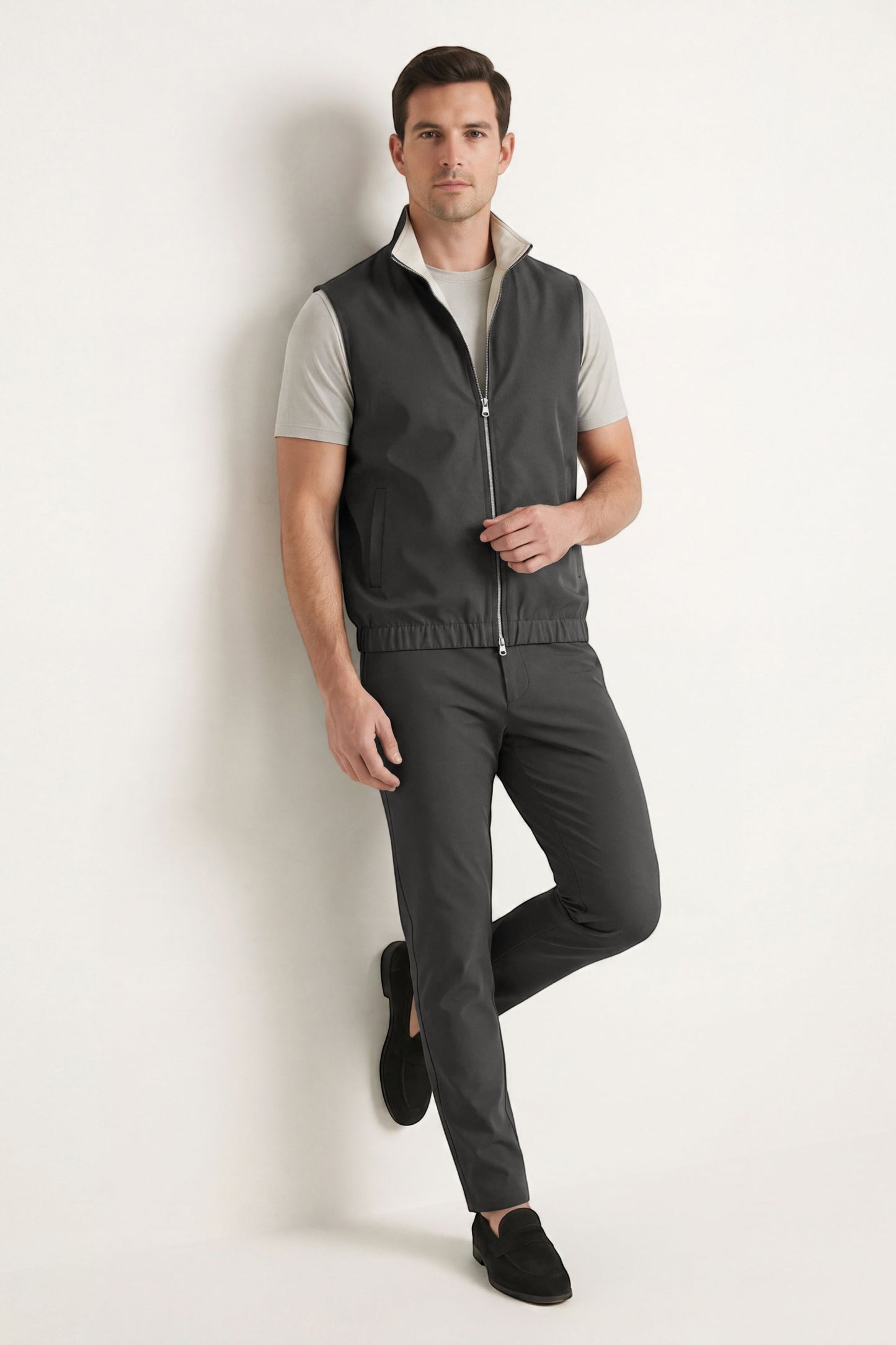 Men's 3-Piece Casual Set with Reversible Vest - Grey