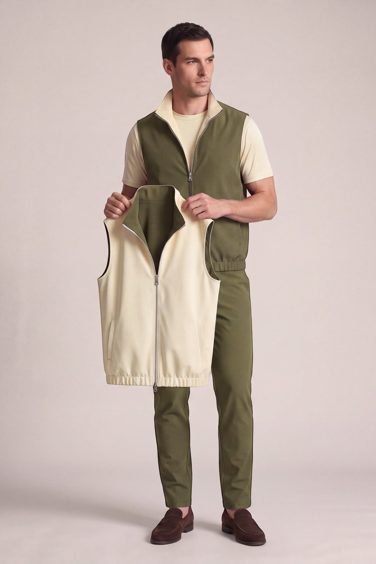 Men's 3-Piece Casual Set with Reversible Vest - Green