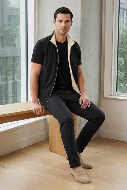 Men's 3-Piece Casual Set with Reversible Vest - Black